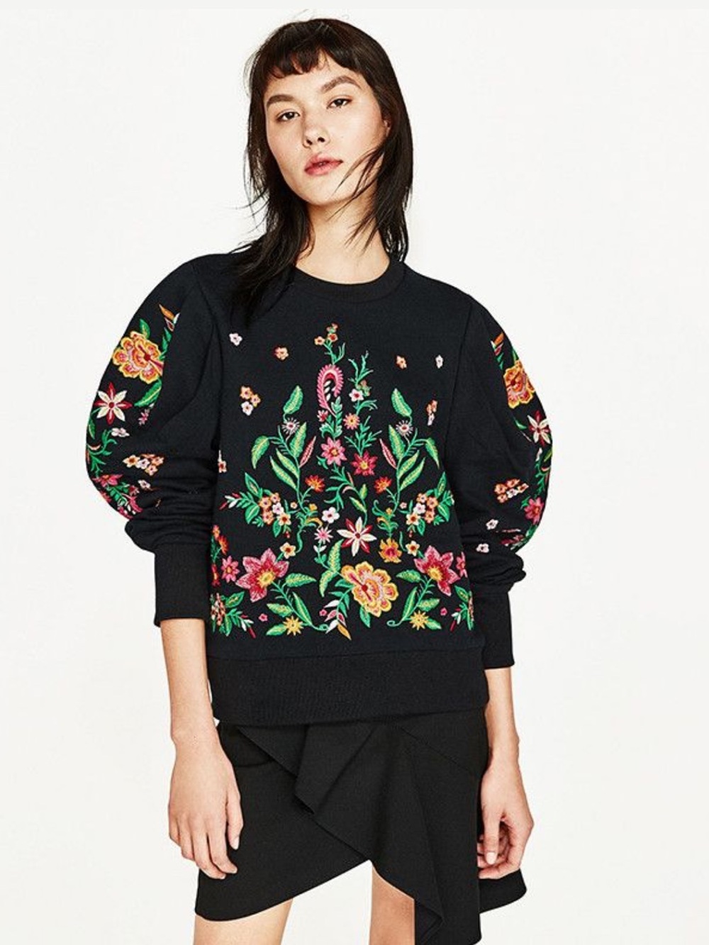 Zara Black Floral Embroidered Puff Sleeve Crew neck Sweatshirt Size M
